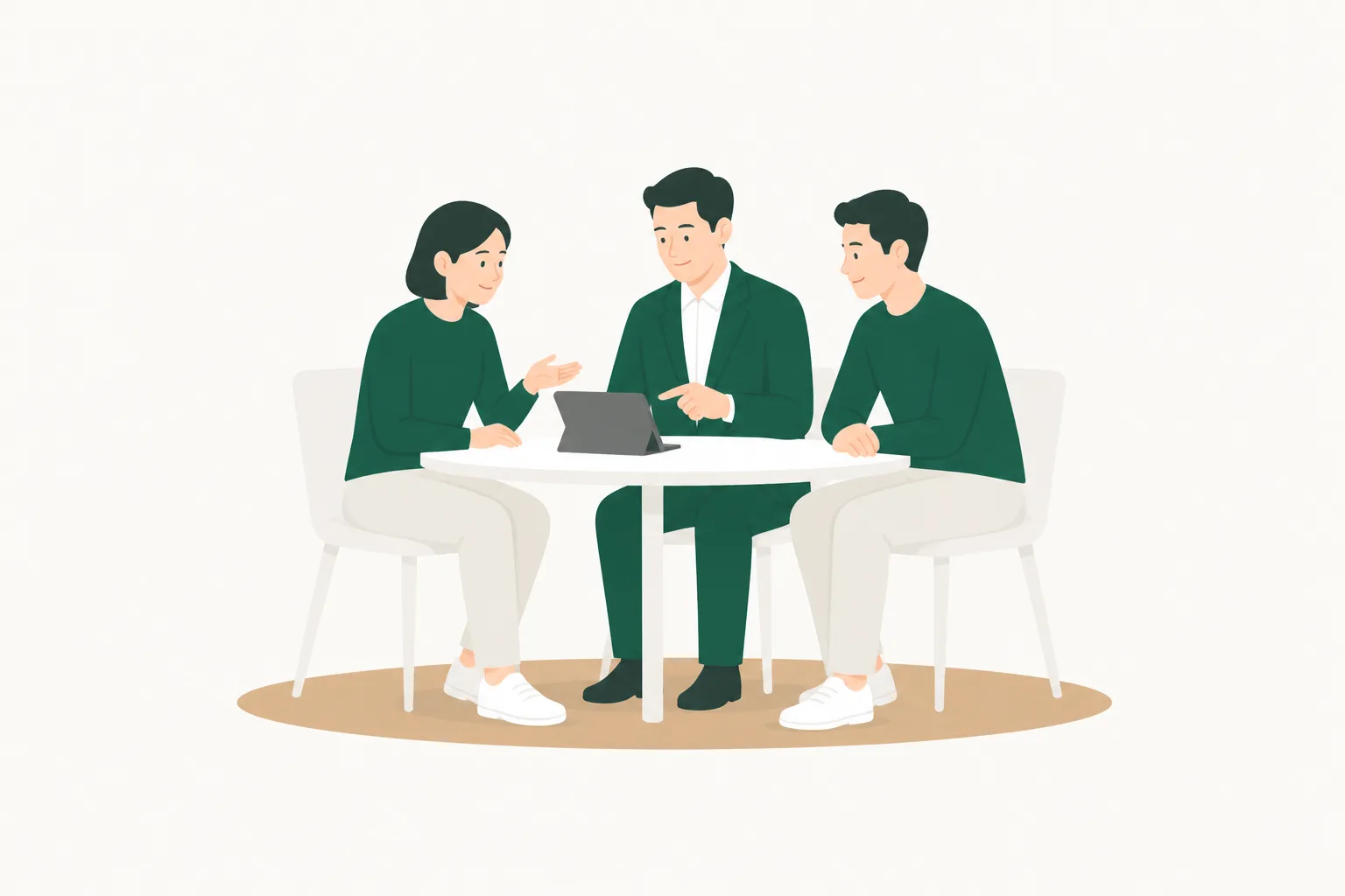 デスクを囲んで、仲間と仕事を話している様子